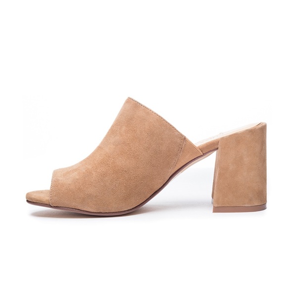 Champagne Suede Peep Toe Block Heel Slip On Mule - Picture 2 of 4
